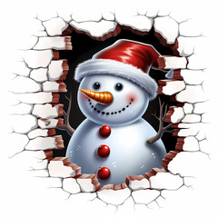 Cheerful snowman in a Santa hat smiles through a cracked wall in a festive winter illustration. Christmas cartoon illustration on white background