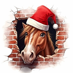 Festive horse wearing a Santa hat looks through a cracked brick wall in a cheerful Christmas illustration.