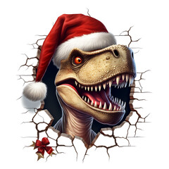 Fierce T-Rex wearing a Santa hat bursts through a cracked brick wall. Cartoon illustration on white background