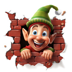 Cheerful Christmas elf in a green striped hat pops through a cracked brick wall. Cartoon illustration on white background