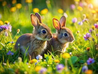 Fototapeta premium Aerial View of Playful Young Rabbit Kittens Frolicking in a Lush Meadow Surrounded by Wildflowers and Green Grass in Bright Natural Light
