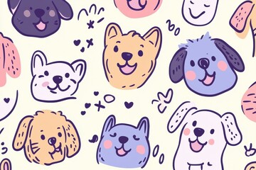 Obraz premium Bright and playful doodle design showcasing various cute dog faces with light-colored background. Perfect for pet lovers and creative projects. Generative AI