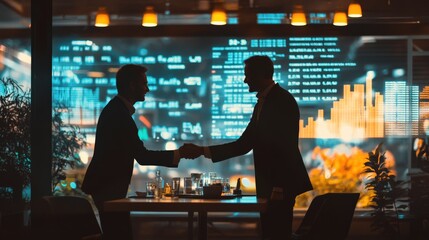 Business handshake symbolizing financial prosperity and technological assets