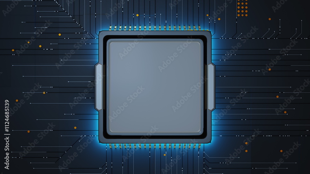 Poster sleek central processing unit sits prominently in the center, surrounded by glowing circuit board pa