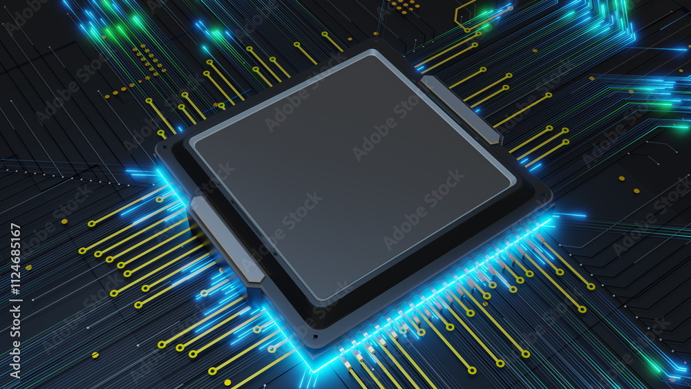 Poster detailed view of a microprocessor mounted on a circuit board, illuminated by glowing connections and