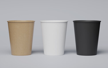 three paper cups on the floor 3D render mock up image