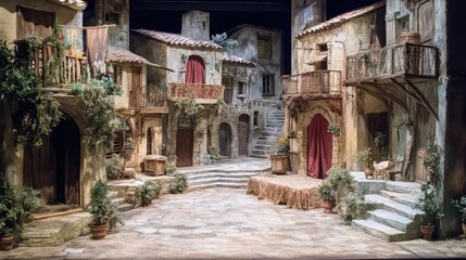 A stage set with decorations for a play set up in small mediterranean town.