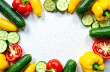 Top down view, frame for text made from zucchini, yellow peppers, fresh greens, copy space