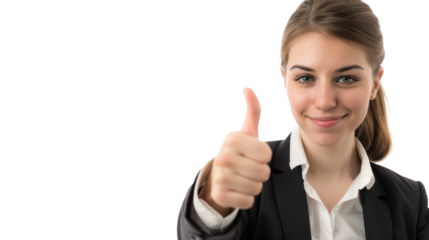 Confident young woman in a business suit giving a thumbs up against a white background on transparent background