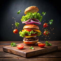 A deconstructed hamburger with toppings like lettuce, tomato, cheese
