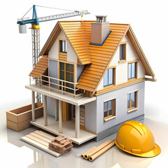 A home construction scene displayed on a white background, featuring building