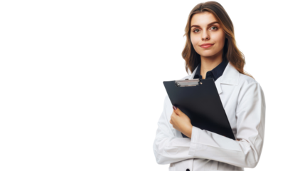 Young female healthcare professional holding a clipboard while smiling against a neutral background in a clinical setting on transparent background