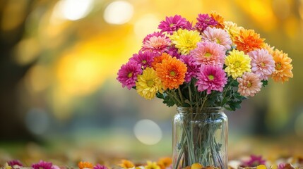 Obraz premium Autumnal Chrysanthemum Bouquet in a Glass Jar