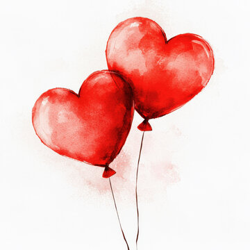 Dibujo de dos globos con forma de coraz&oacute;n en color rojo, sujetos con una cinta, volando libres unidos el uno al otro, sobre fondo blanco