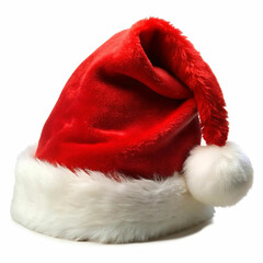 A classic Santa Claus hat with a bright red body, a fluffy white trim
