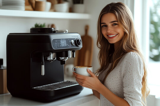 A person holds a coffee cup next to a black espresso machine in a bright kitchen. Concept of enjoying coffee at home. For coffee machine promotion.
