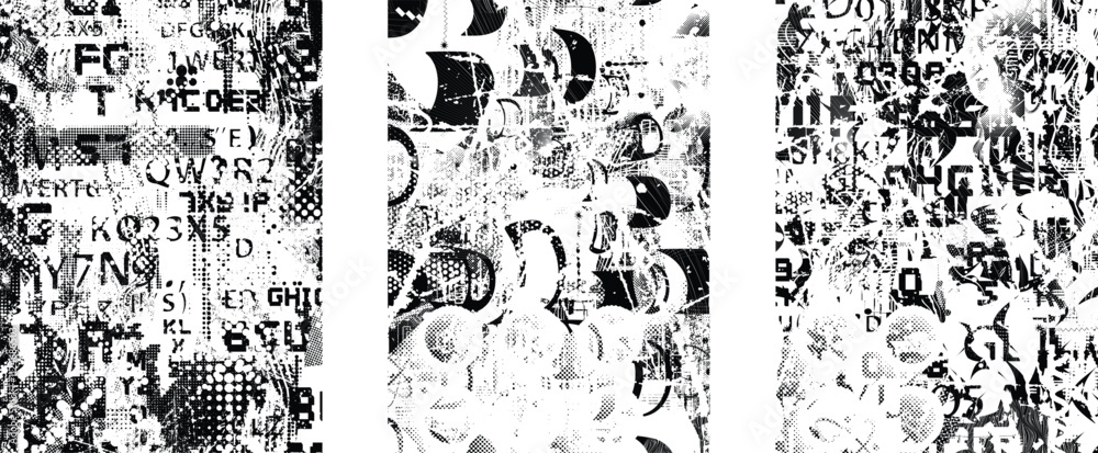 Poster Set of glitch distorted grunge overlay textures. Collection of overlaying textures with halftone dots, scratches and lines .Screen print vector layers pack. Overlays with grunge textured surface
