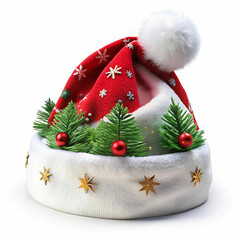 A classic Santa Claus hat with a bright red body, a fluffy white trim