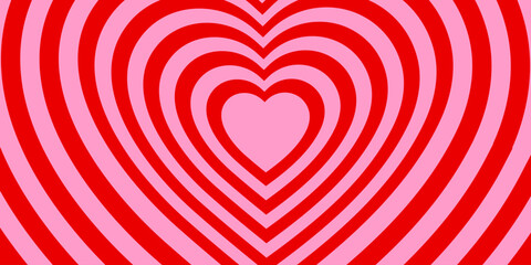 Monochrome horizontal background of heart shaped tunnel. Rainbow romantic pattern. Pink and red colors. Trendy vector illustration in style retro 60s, 70s.