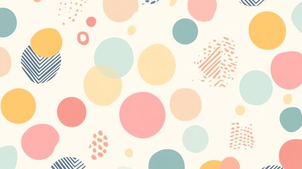 A seamless pattern of colorful circles and abstract shapes.