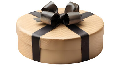 A round, light brown gift box with a dark brow ribbon bow cutout png isolated on transparent background

