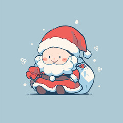 Cute Santa Illustration with Gift Sack on Light Blue Background. Cute Santa Vector.
