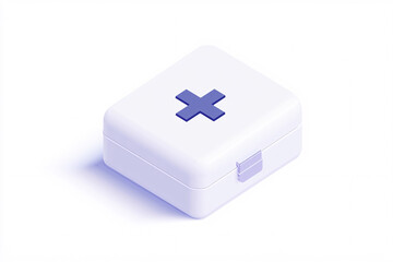 White first aid kit box with blue cross on the lid placed on a clean white surface with soft lighting
