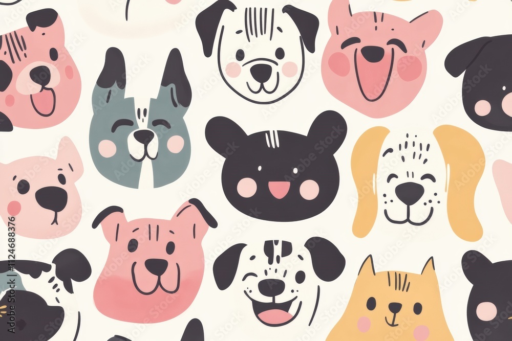 Aufkleber Colorful doodles of various dog faces create a fun pattern perfect for projects. Includes a blank area for personalized text or design. Generative AI
