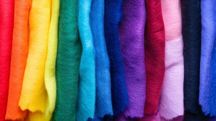 Row of colorful fabric with a rainbow pattern. The colors are bright and vibrant, creating a cheerful and lively atmosphere