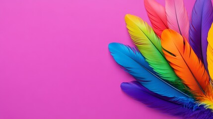 Colorful feather arrangement on a pink background. The feathers are of different colors and are arranged in a way that they look like a rainbow. Concept of vibrancy and beauty