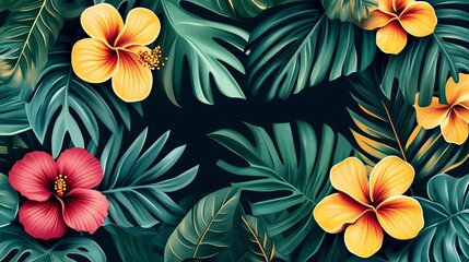 A tropical illustration with pink and yellow flowers and green leaves.