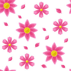 Seamless floral pattern. Blossom pink flowers and pink leaves on the white background. Botany pattern. Lotus and cosmos flowers. 