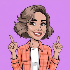 Cartoon Style Illustration of Woman in Plaid Shirt Pointing Up