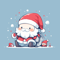 Adorable Santa Claus with Gift Sack and Snowflakes. Cute Santa Vector.