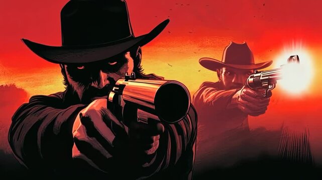 Two cowboys engaging in gunfire against a breathtaking sunset horizon