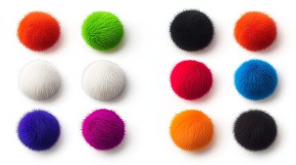 Collection of fuzzy balls in various colors, including white, orange, and purple. The balls are arranged in a row, with some overlapping each other. Concept of playfulness and fun