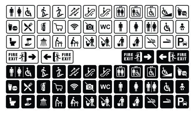 Set of public building and shopping mall universal icons signs and information signs