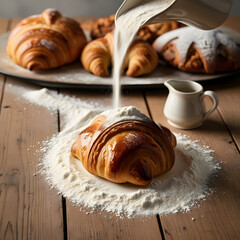 A golden-brown croissant placed on a rustic wooden table with flour and milk being poured, capturing the essence of a freshly baked treat.