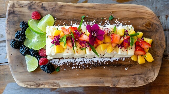 Rustic wooden platter with a coconut and lime entremet topped with a tropical fruit medley