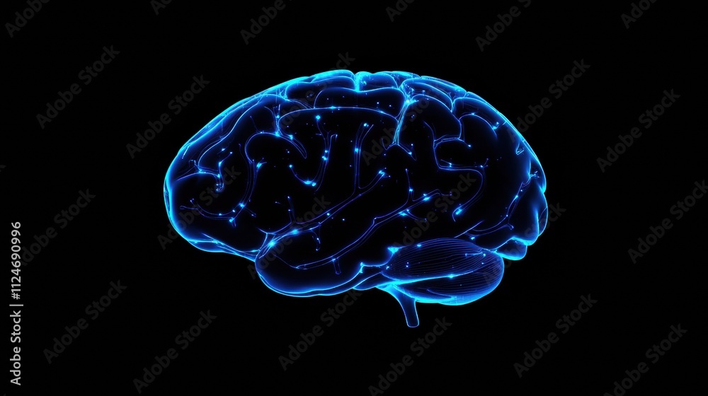 Fototapete A brain displays vibrant blue neural pathways, highlighting active communication within neural connections in a dynamic close-up view. Generative AI
