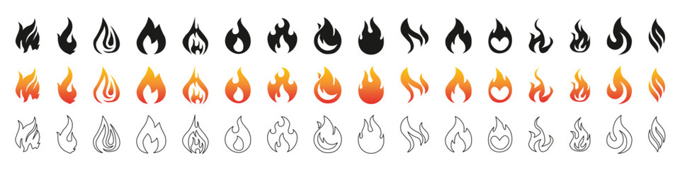 Variety of flame designs in different styles and colors. Fire icon vector set. Flame icon collection. Fire flame symbol. Black, gradient, line set