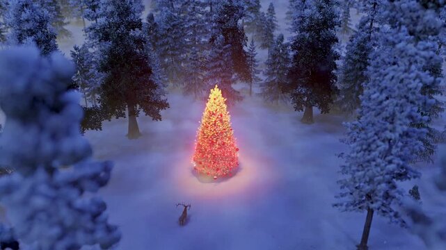 Christmas Tree And Deer In Forest