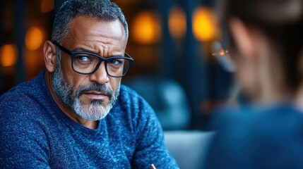 A close-up portrait of a middle-aged man wearing eyeglasses, communicating depth of emotion and contemplation as he engages in a profound conversation.