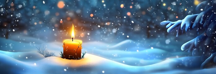 Fototapeta premium Burning Christmas candle as winter background 