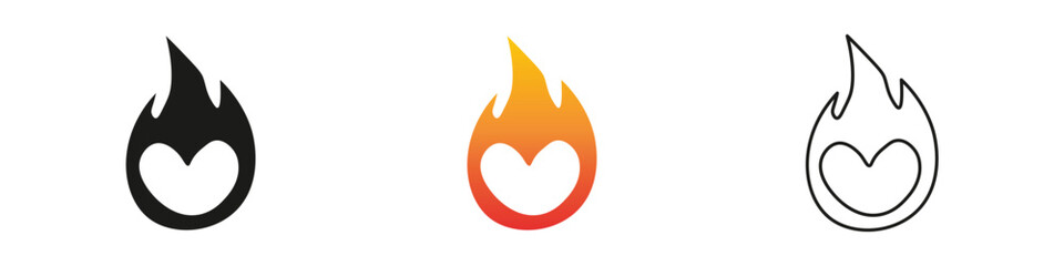 Unique heart shaped flame icons in three bold styles. Fire icon vector set. Flame icon collection. Fire flame symbol. Black, gradient, line set