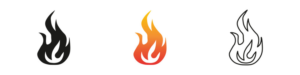 Various flame designs in different colors on a white background. Fire icon vector set. Flame icon collection. Fire flame symbol. Black, gradient, line set