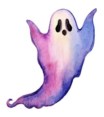 Handcrafted watercolor illustration of a ghost in ethereal purple tones, blending soft gradients and spooky details. Perfect for Halloween themes, mystical art, and fantasy decor.