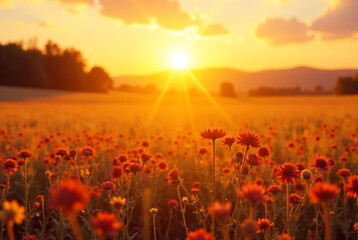 Abstract warm landscape of dry wildflower and grass meadow on warm golden hour sunset or sunrise time. Tranquil autumn fall nature field background. Soft golden hour sunlight panoramic countryside . A