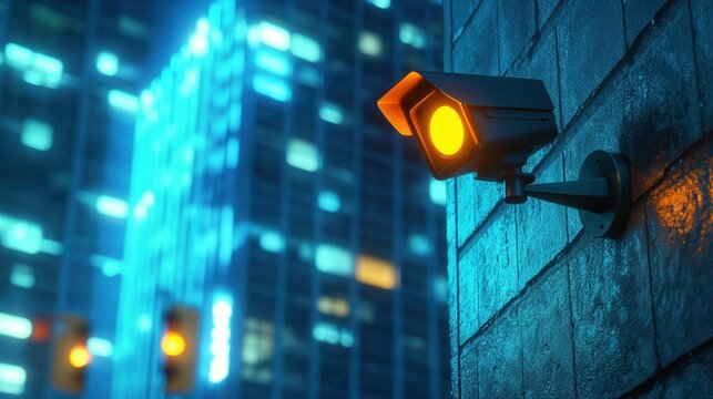 Security surveillance camera on concrete wall at night with illuminated skyscraper in background. Urban safety monitoring system with orange warning light in cyberpunk style cityscape