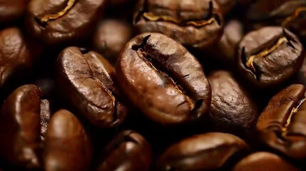 Naklejka premium Natural Coffee Beans Texture and Color Display, Close-Up Study of Bean Surface, Rich Tones and Varieties